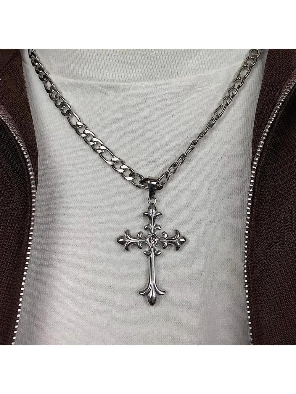 Y2k style Silver Figaro Big Gothic Rhinestone Cross Pendant Necklace. Stainless